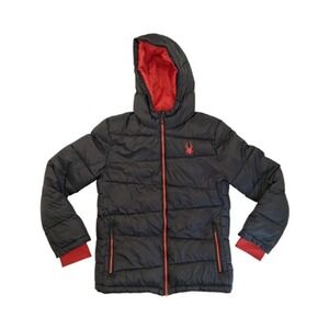 Spyder Puffer Jacket Kids L 14/16 Black Hooded Quilted Insulated Ski Winter Coat